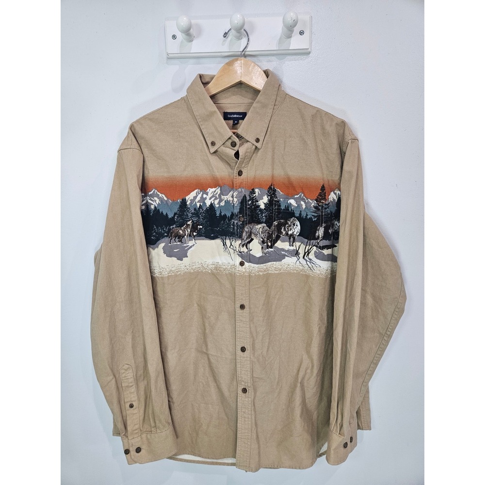 Croft & Barrow Mens XL Tan Cotton Wolf Mountain Graphic Button Down Shirt